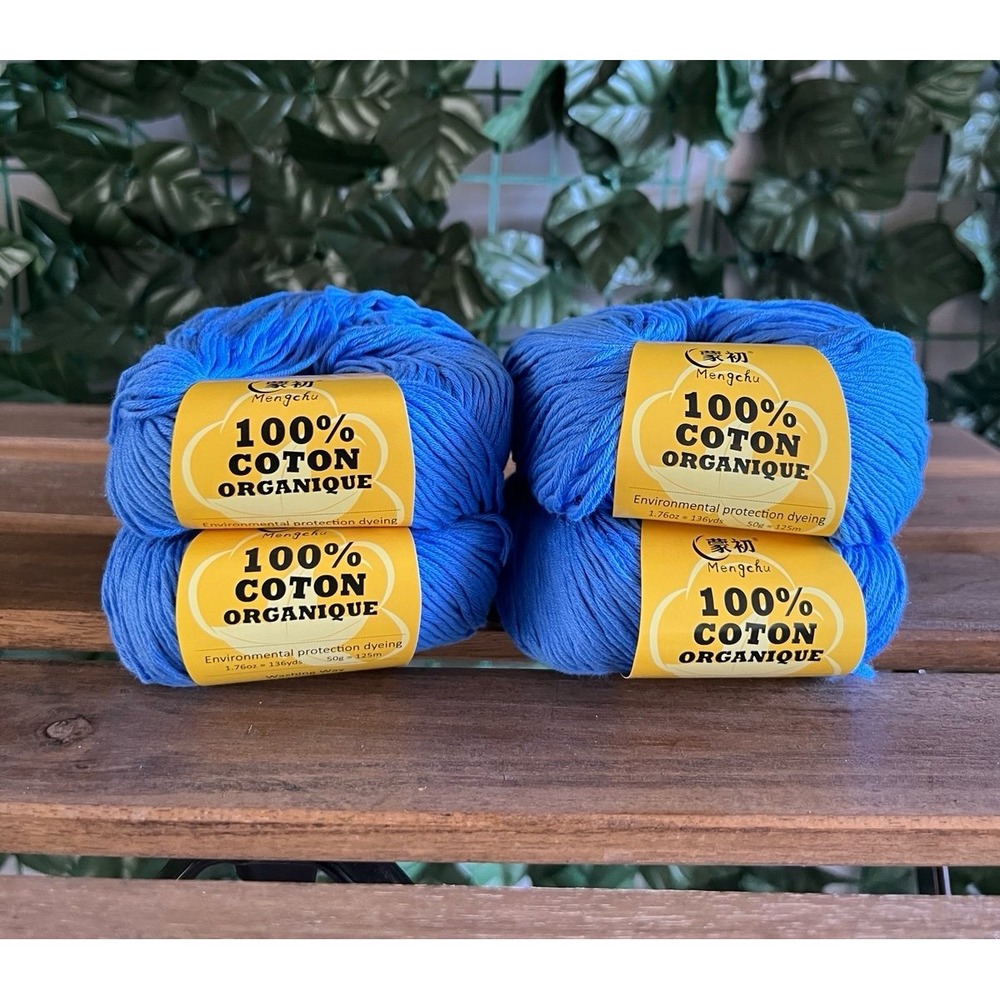 4 Pcs 100% Organic Cotton Yarn (Ocean Blue ) Beginners and Advanced Crochet/Knit